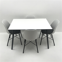 John Lewis white rectangular dining table, grey turned tapering supports (W120cm, H74cm, D80cm) and four matching dining chairs, upholstered seats, turned supports (W43cm) 