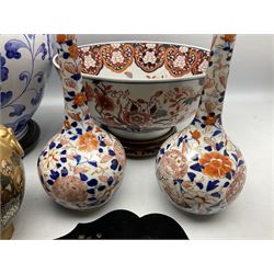 Pair of Japanese Imari bud vases, together with a imari bowl and other oriental ceramics 