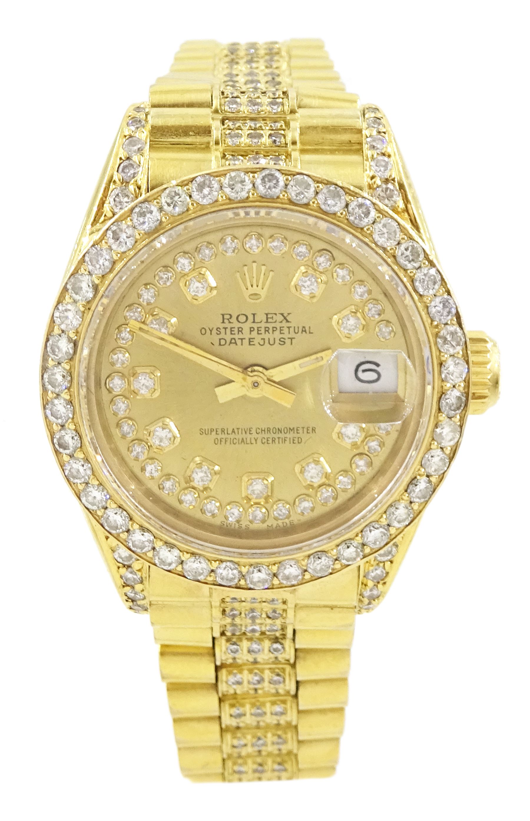 Rolex Oyster Perpetual Datejust ladies 18ct gold automatic wristwatch, circa 1983, Ref. 69178, serial No. 8058240, champagne dial diamond dot hour markers and outer diamond ring, after market diamond set bezel and lugs, on 18ct gold President bracelet, set with after market diamonds, with AIGL report and additional links