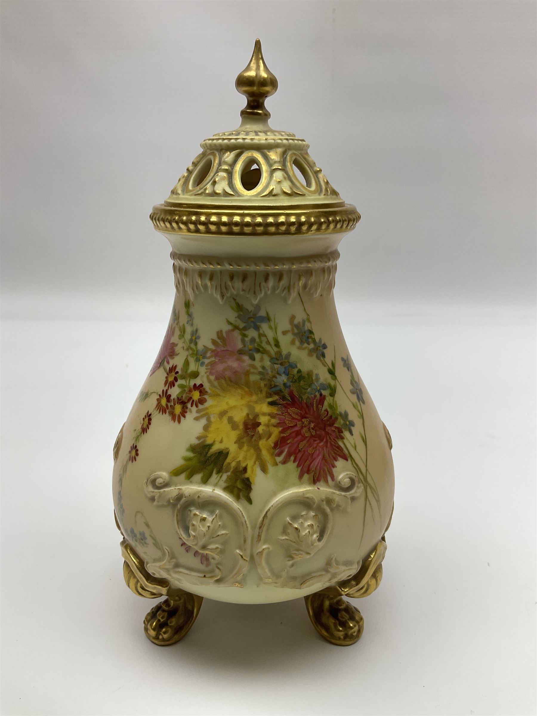 Royal Worcester blush ivory vase and cover, the vase of baluster form on gilt claw feet, shape No.1019, with printed beneath, Together with Limoges dish, vase H16cm