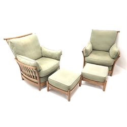  Ercol Golden Dawn finish elm two seat sofa (W145cm) a pair of matching armchairs (W90cm) and two foot stools (5)  