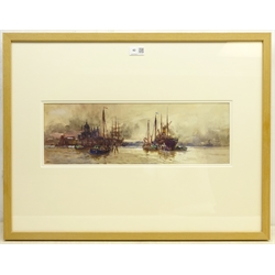  Frank Henry Mason (Staithes Group 1875-1965): Shipping off Greenwich, watercolour with body colour signed 15.5cm x 47cm  DDS - Artist's resale rights may apply to this lot  