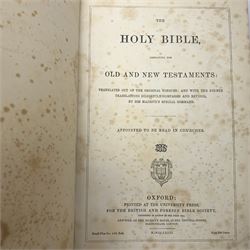Victorian Rev. John Eadie leather bound Family Bible; three other Victorian leather bound Bibles; and another Victorian leather bound book The Altar of the Household edited by the late rev. John Harris (5)