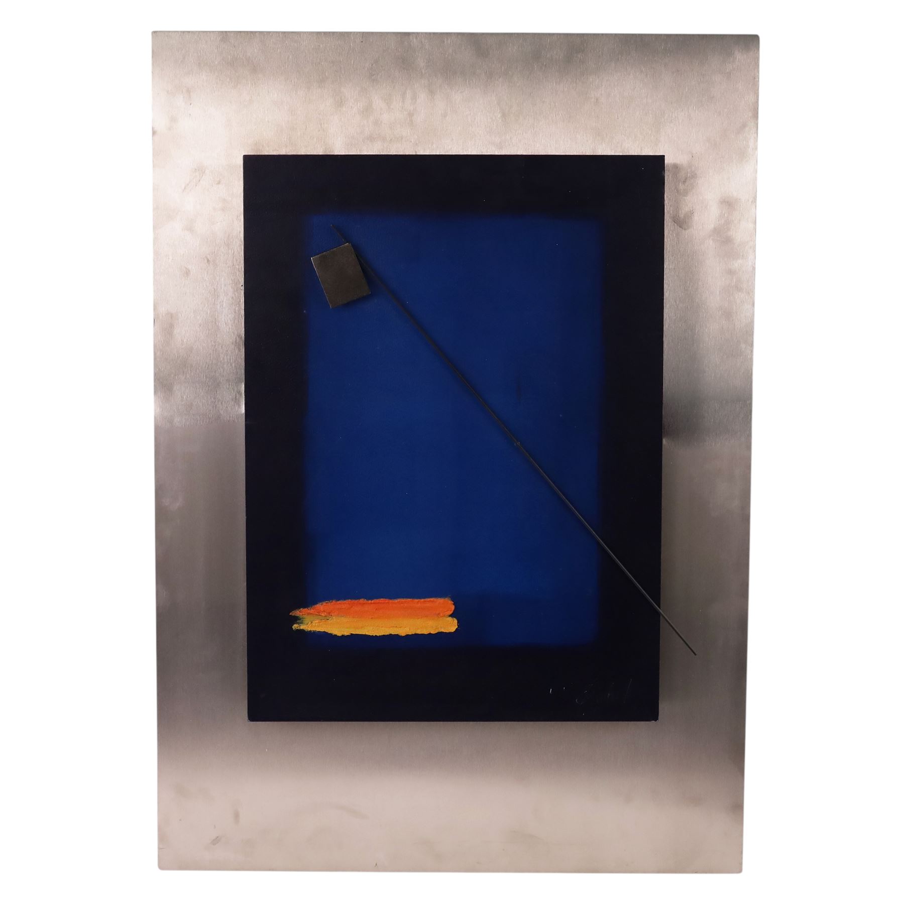 Mix medium sculpture, the central panel of rectangular form with a blue background with orange and yellow strokes, upon a metal frame, H70cm, W50cm