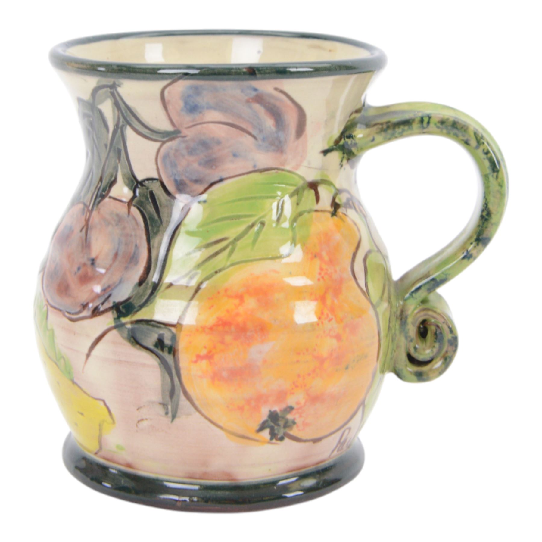 Paul Jackson Studio Pottery dished plate, decorated with Kingfishers and Koi fish amongst yellow irises, D26cm, together with a Paul Jackson Studio Pottery mug, of bellied form decorated with fruits, H11cm, each signed and dated 1996 and 1994