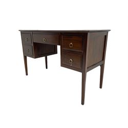 Hardwood kneehole dressing table or desk, fitted with five drawers, on square tapering supports 