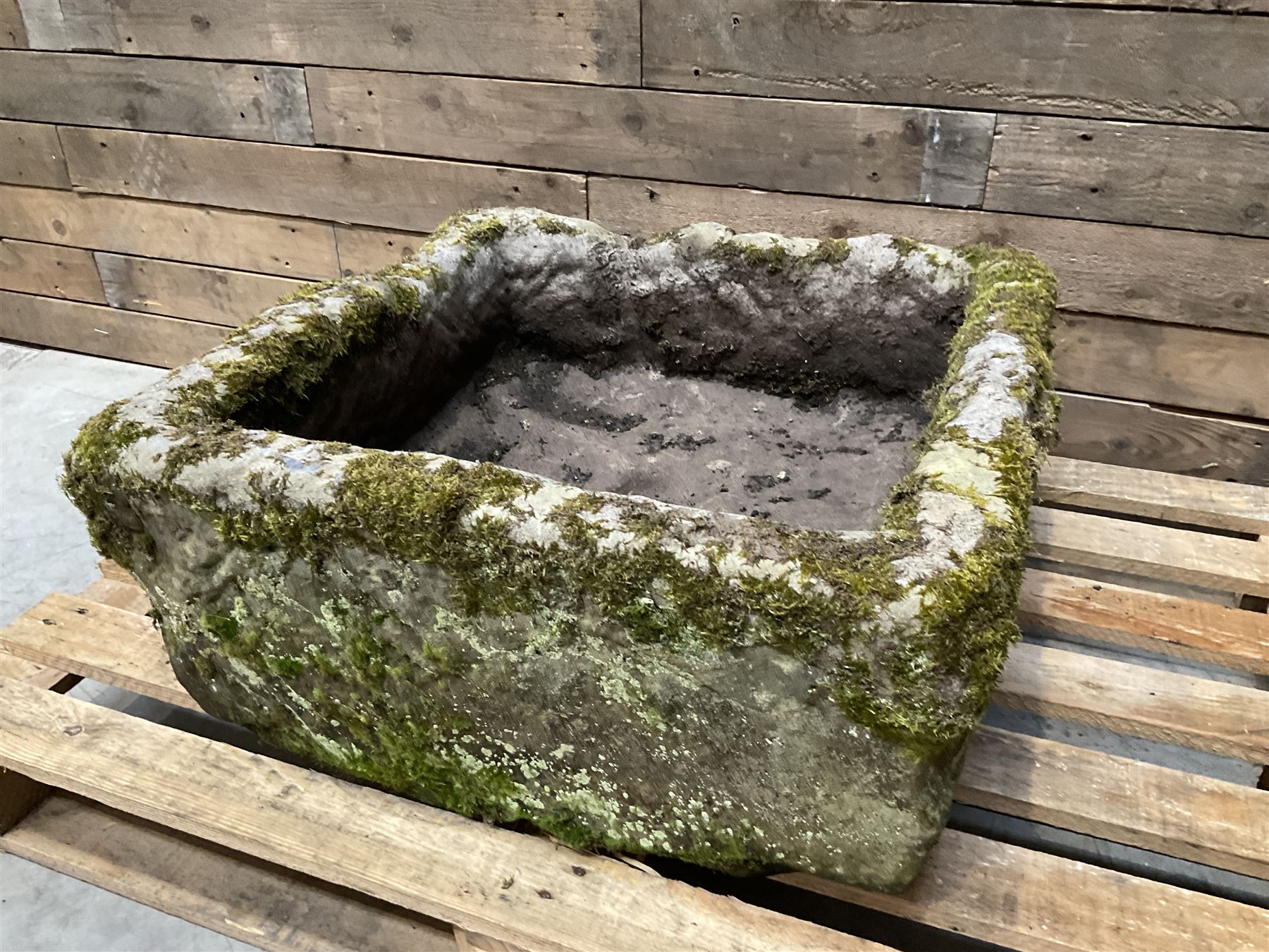 Large 19th century square weathered stone trough 