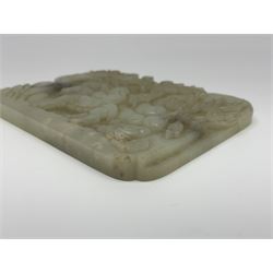 Pale celadon jade plaque carved in one side with a man riding his horse underneath flowering trees, with another figures following, H9cm, L12cm 