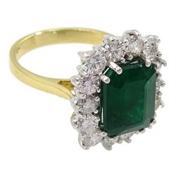 18ct gold emerald and round brilliant cut diamond cluster ring, hallmarked, emerald approx 3.70 carat, total diamond weight approx 1.40 carat