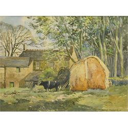 Joseph Appleyard (Yorkshire 1908-1960): Prize Bull and Haystack, watercolour signed 28cm x 37cm