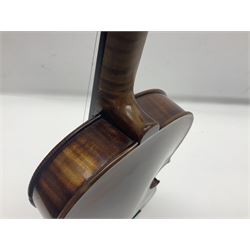 German trade violin c1900 with 35.5cm two-piece maple back and spruce top; bears label 'Made in Germany Apollo Class 6 No.2132' L59cm; in carrying case with two bows