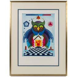 Hans-Joachim 'Jockel' Reisner (German 1938-2023): Majestic Owl, coloured etching signed and dated 2000 in pencil, stamped with blindstamp 32cm x 24.5cm
Notes: Reisner is best known for creating the Bradford City Fire Memorial in 1986. His style of printmaking is characterised by geometric lines and shapes, influenced by his degree in engineering.
