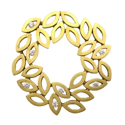 Greek 18ct gold pendant, stylised laurel leaf design set with seven round brilliant cut diamonds,  on silk necklace with 18ct gold beads at the finial, all stamped 750

Bought during the 2004 Greece Olympics

[image code: 6mc]