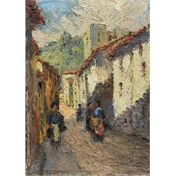 Circle of Henry Osswa Tanner (American 1859-1937): North African Street Scene, oil on board signed 30cm x 22cm (unframed)