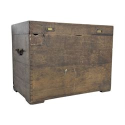 Early 20th century oak blanket chest, of rectangular form with iron strap hinges and surface-mounted drop handles, the interior fitted with iron lid stays, on bracket feet