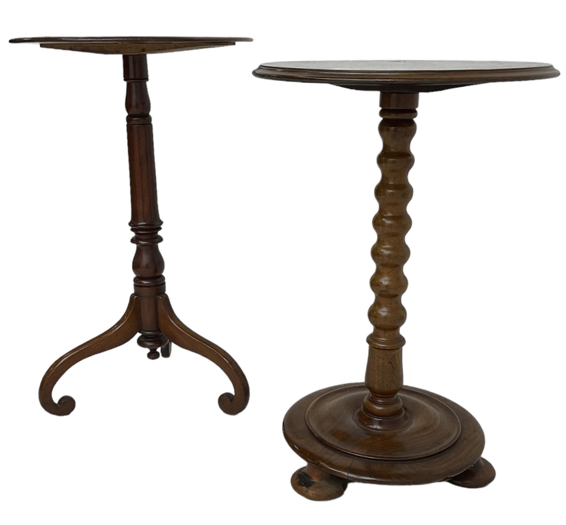 19th century walnut occasional table, circular moulded top on bobbin turned stem, circular moulded base on compressed feet (H70cm); 19th century walnut tripod table, circular table on turned stem, on splayed supported with scrolled terminals (H74cm)