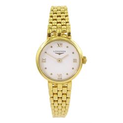 Longines Prestige 18ct gold ladies quartz wristwatch, L6.107.6, on integrated 18ct gold brick link bracelet, hallmarked