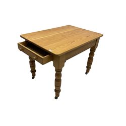 Traditional pine farmhouse style kitchen table, fitted with drawer, on turned supports