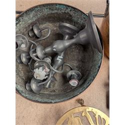 Large copper pan, brass jam pan, balance scales and weights, typewriter, leather suitcase and other metal ware