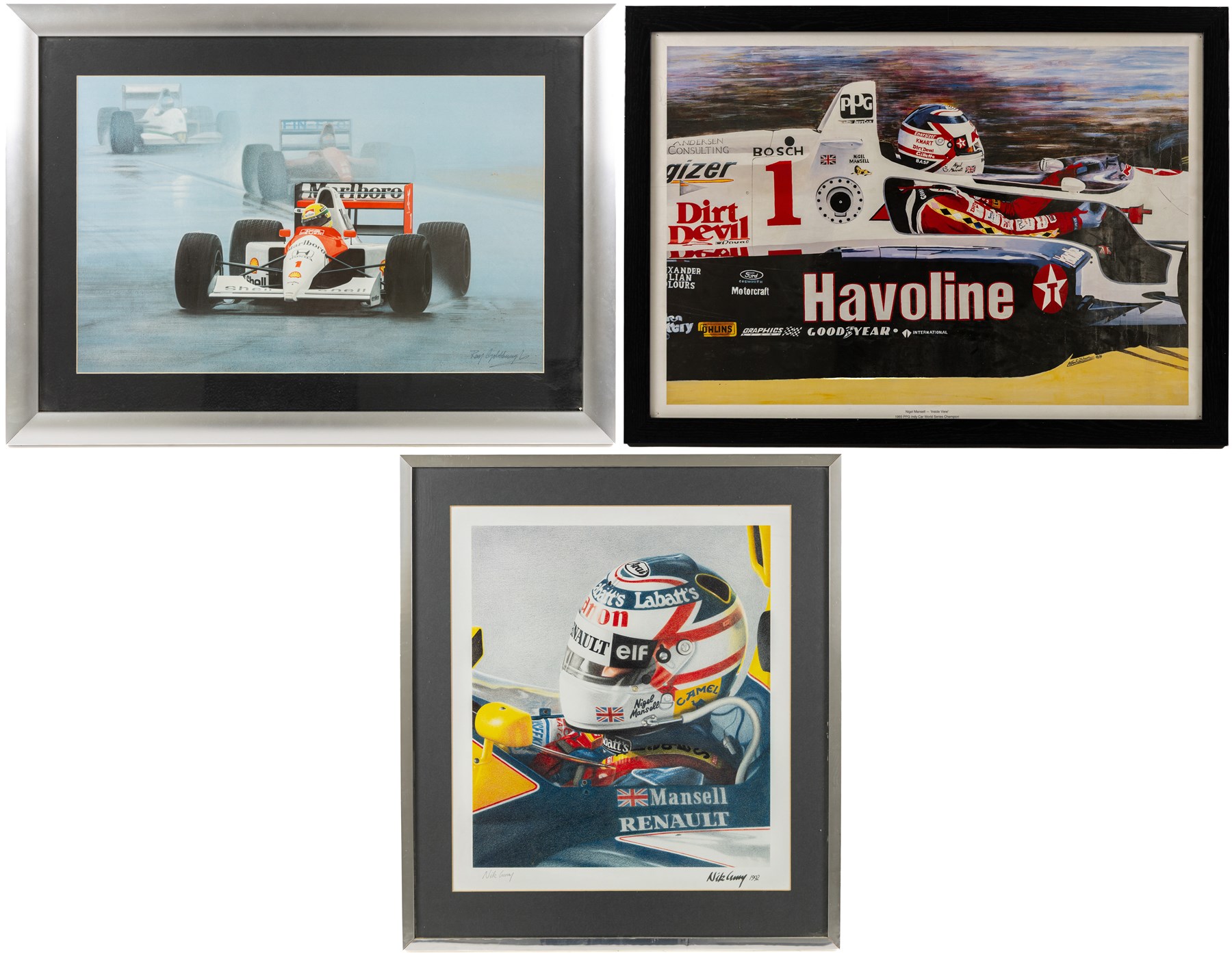 Three Formula 1 racing prints, including Nigel Mansell example signed by Nik Curry, Nigel Mansell 'Inside View' by Karen Johnson, and a Ray Goldsborough example, all framed, largest H38cm, W55cm
