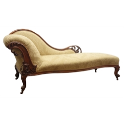  19th century walnut framed serpentine chaise longue, raised shaped back with pierced floral carvings and scrolled arm on acanthus carved cabriole legs, W70cm, H85cm, L190cm  