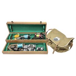 Four Abu fishing reels, comprising Ambassadeur 9000, Ambassadeur 7000, Ambassadeur 5500 and Ambassadeur 6500, together with additional line, hardy fishing bag and two wooden boxes