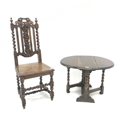 Victorian oak heavily carved hall chair, barley twist supports, solid seat (W46cm) and a small oak drop leaf coffee table 