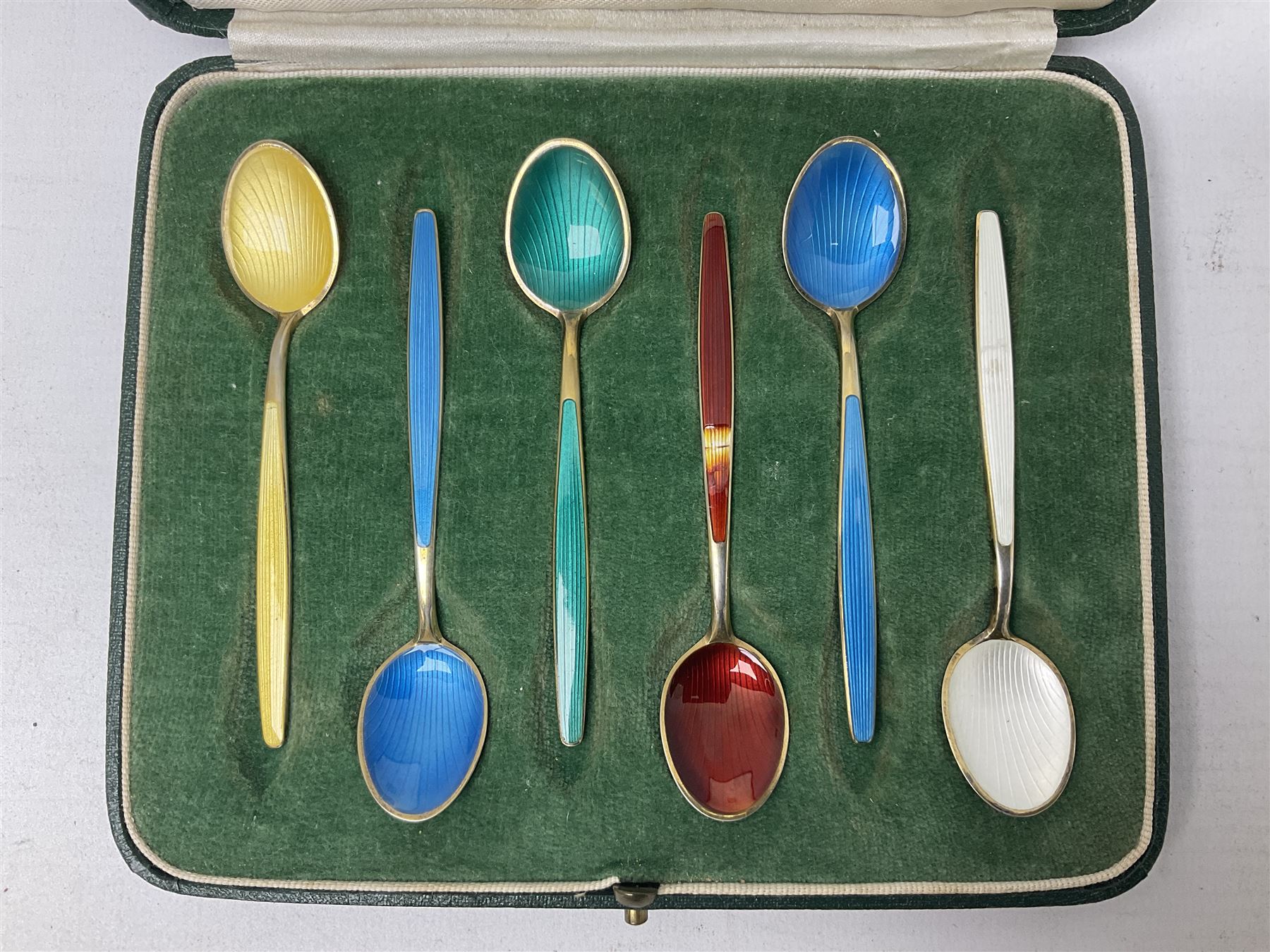 Mid-century cased set of six David Anderson guilloche and gilt coffee spoons, with enamelled bowls and handles stamped 'D.A', scales mark, '9255', 'Norway' and 'Sterling'