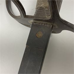 WW1 British Army 1897 Pattern Officers Sword, the 80cm fullered steel blade with traces of decoration and inscribed 'W.E. French 1914'; the basket hilt pierced with the George V cypher and wire-bound fish-skin grip L97cm overall; and WW1 British 1821 pattern Royal Artillery officer's sword with three-bar hilt; both lacking scabbard (2)