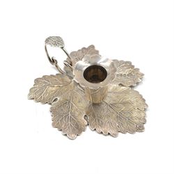 Early Victorian chamberstick, modelled as a leaf and bud with naturalistic texture, with removable sconce and looped tendril handle, hallmarked Willmore & Co, Birmingham 1843, H4cm