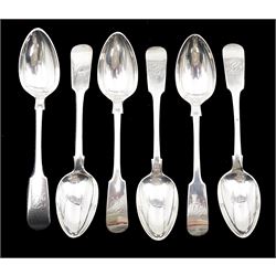 Set of six Victorian silver Fiddle pattern teaspoons, each engraved with initial to terminal, hallmarked Thomas Sewell I, Newcastle 1853