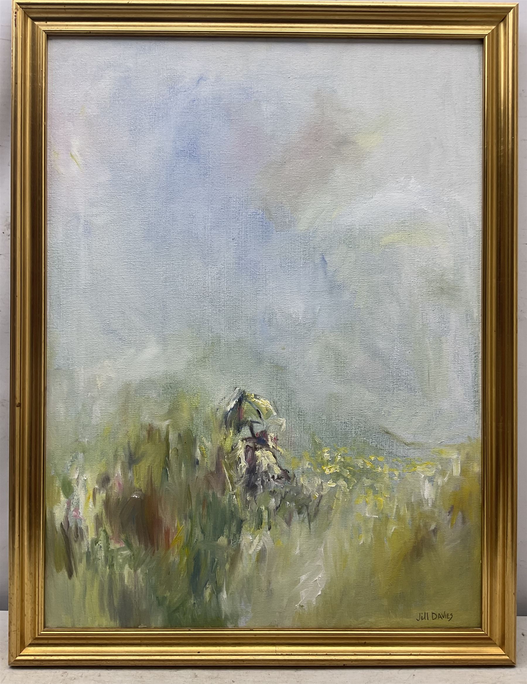 Jill Davies (British Contemporary): Impressionist Ladies in Summer Fields, pair oils on canvas signed 60cm x 60cm and 61cm x 45cm (2)