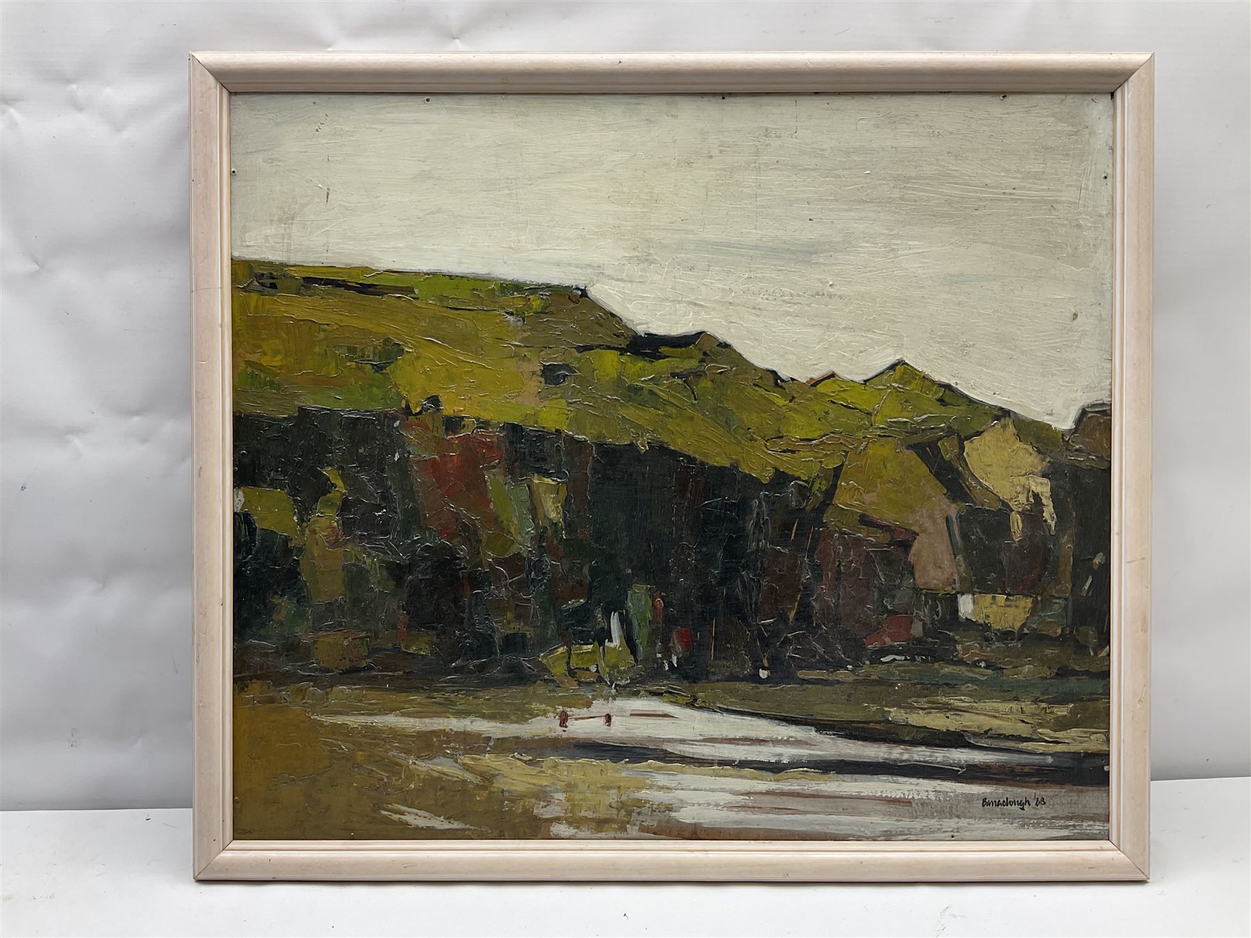 Attrib. Peter Barraclough (Northern British 1939-): Dark Cliffs, oil on board signed and dated '68, 58cm x 68cm
Notes: Barraclough born in Cleckheaton Yorkshire, studied painting & lithography at Dewsbury & Batley College of Art. Then went on to obtain an Art Teachers Diploma at Liverpool College of Art. After several teaching posts he emigrated to Tasmania in 1969 following further teaching posts he became a full time artist in 1985