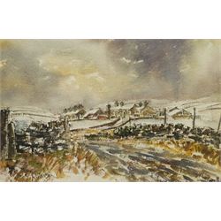 Terry Kirman (British 1939-1997): Yorkshire Dales Village in Winter, watercolour signed, artist's studio label verso 37cm x 56cm
