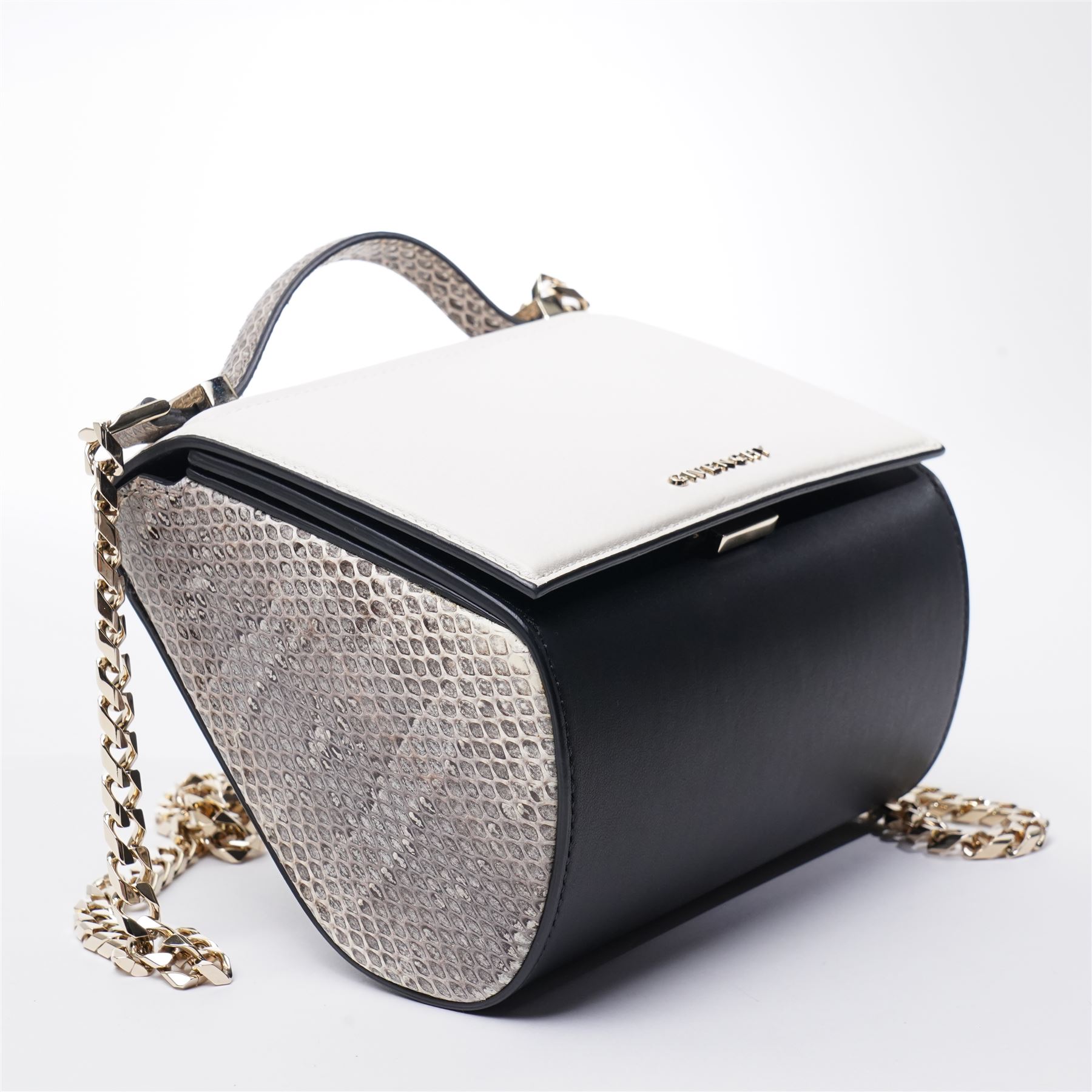 Givenchy - ‘Pandora Box’ Mini Bag, introduced circa 2016, in white and black leather with contrasting python side panels and top handle, with gold-tone shoulder or crossbody chain strap and hardware, unused with original dust bag