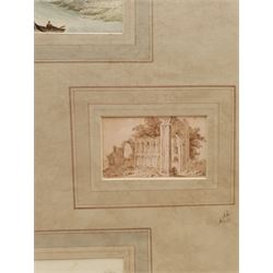 William Page (British 1794-1872): 'Two Christmas Cards and Two Sketches in Italy', two pairs watercolours mounted as one, one signed and dated 1829, inscribed 'Souvenirs to Miss Mary Louisa Caley of Brompton Hall' on the mount, 5.5cm x 9.5cm and 9cm x 13cm (mounted) 
Provenance: collection of Alfred A Haley, Walton, Wakefield, label beneath the mount
