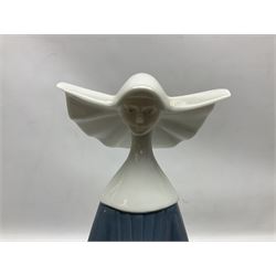 Two Lladro figures, comprising Conductor no 5196 and Prayerful Moment no 5500 together with a Lladro plaque and two Lladro candle holders, Dolphins at Play no 17666 and Sailing the Seas no 17665, all with original boxes, largest example H33cm 