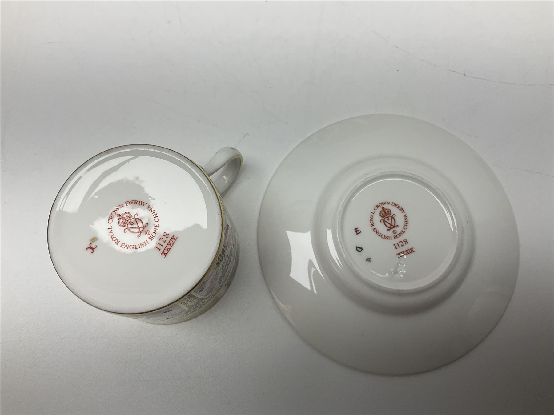 Royal Crown Derby Old Imari pattern miniature vase, coffee can and saucer, teacup and saucer and plate, all with printed mark beneath, vase H8cm 