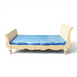 Modern white painted single sleigh bed frame and mattress, with scrolled head and footboard with foliage detail