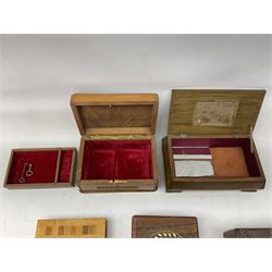 Quantity of hardwood boxes to include walnut example with carved decoration, Eastern examples, marquetry inlaid examples, brass banded oak example etc