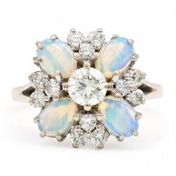 18ct white gold opal and diamond flower head cluster ring, single round brilliant cut diam...
