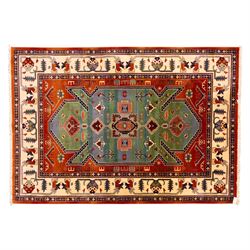 Late 20th century, French-made Caucasian design rug, woven with a dense pile, field decora...