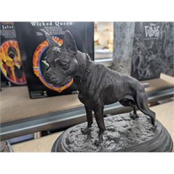 Two spelter dog figures, each upon hardstone bases, tallest H33cm