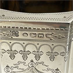 Victorian three-piece silver tea service, comprising teapot, twin handled open sucrier and milk jug, of oval form with shaped rim and C handles, each engraved with crests and bands of strapwork decoration, the milk jug and sucrier with gilt interiors, hallmarked Josiah Williams & Co, Exeter 1881, the teapot with ivory insulators and finial, all contained with a tooled leather, blue silk and velvet lined fitted case, retailed by West & Sun, Dublin 
This item has been registered for sale under Section 10 of the APHA Ivory Act