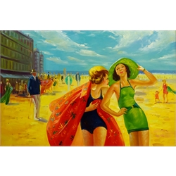  Ladies on a Beach, 20th century oil on canvas unsigned 60cm x 90.5cm  