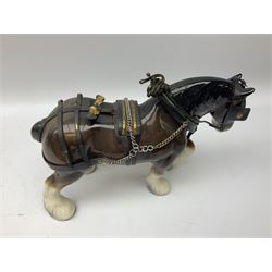 Four Melba Ware Shire horse figures and another similar, and three wood carts