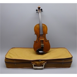  Early 20th century violin by E.R.Schmidt & Co with 36cm two-piece maple back and ribs and spruce top, bears signed label inscribed 'Antonius Stradivarius Made by E.R.Schmidt & Co. Violin Makers Saxony. Only genuine when bearing our written signature', L59.5cm, in fitted carrying case  