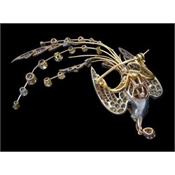 Victorian diamond swallow aigrette brooch, the gold backed silver swallow in flight set with old cut and rose cut diamonds, with cabochon ruby eyes, holding a pear cut diamond of approx 0.25 carat, to an old cut diamond spray tail of approx 1.95 carat, total diamond weight approx 4.00 carat