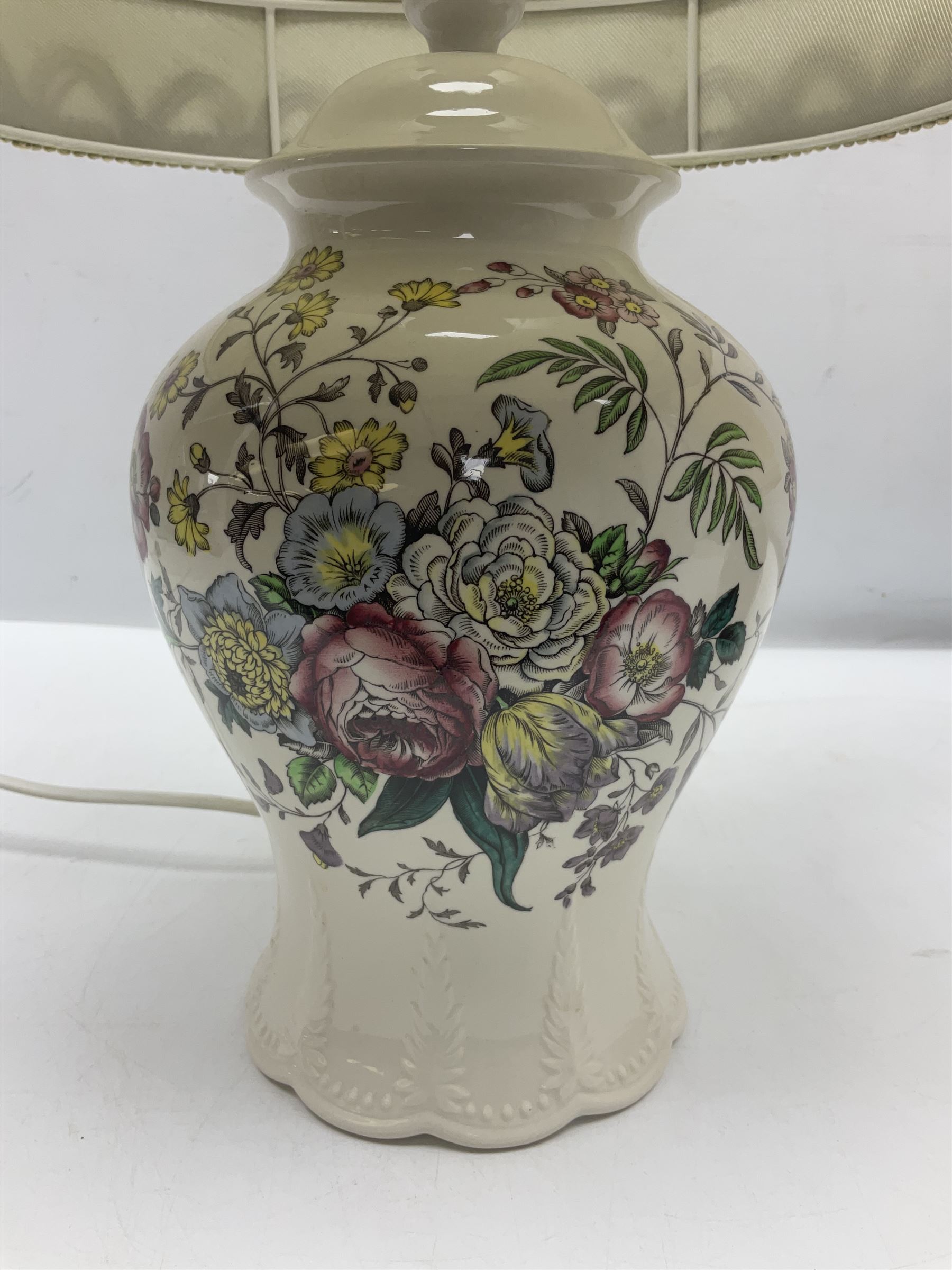 Copeland Spode table lamp with floral decoration, together with another table lamp, largest with shade H57cm