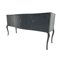 French design grey painted teak serpentine sideboard, the shaped front fitted with central double cupboard flanked by two single cupboards, each concealing drawer, on cabriole supports